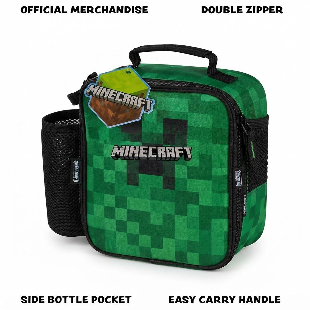 Minecraft Insulated Lunch Bag for Kids, Creeper Gaming Lunch Box with Water Bottle, Durable School Lunch Bag