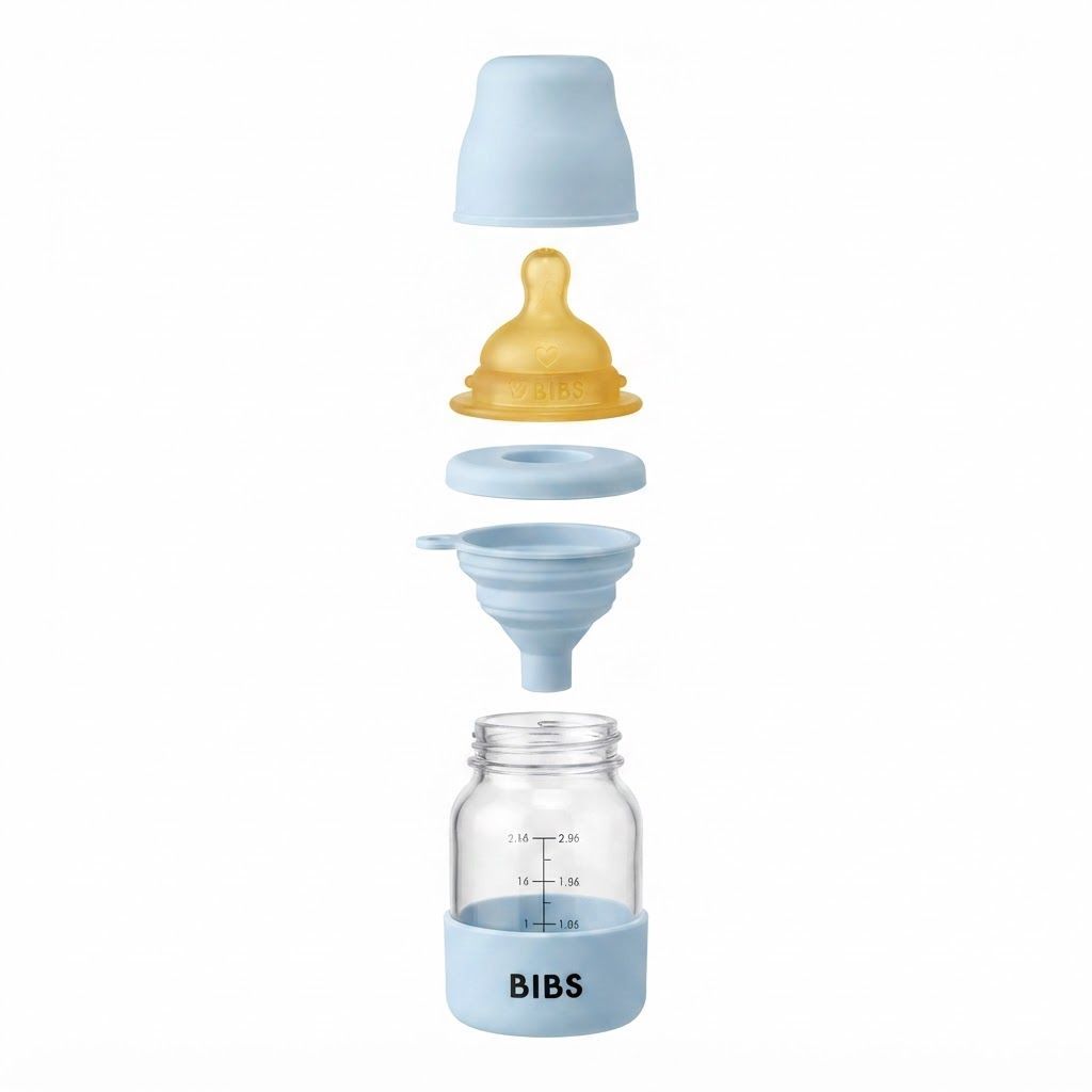 BIBS Round Latex Slow Flow Glass Baby Bottle 120ml, Natural Rubber Latex Nipple, BPA And PVC Free, Flow Controlled Feeding - Baby Blue