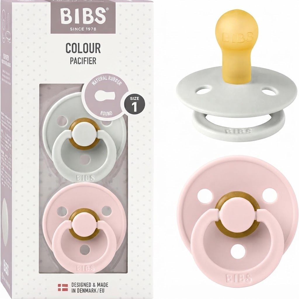 BIBS Latex Round Pacifier 0-6 Months Size 1 2 Pack, Vents For Air Circulation, Round Nipple Shape, Lightweight And Timeless Design - Haze/Blossom