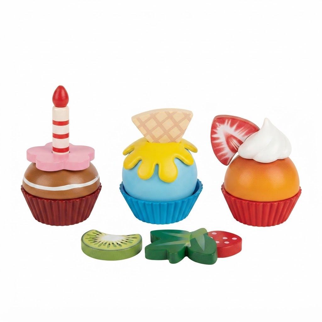 Hape Wooden Cupcake Set - 18-Piece Pretend Play Food Kitchen Toy with Colorful Toppings & Fruits