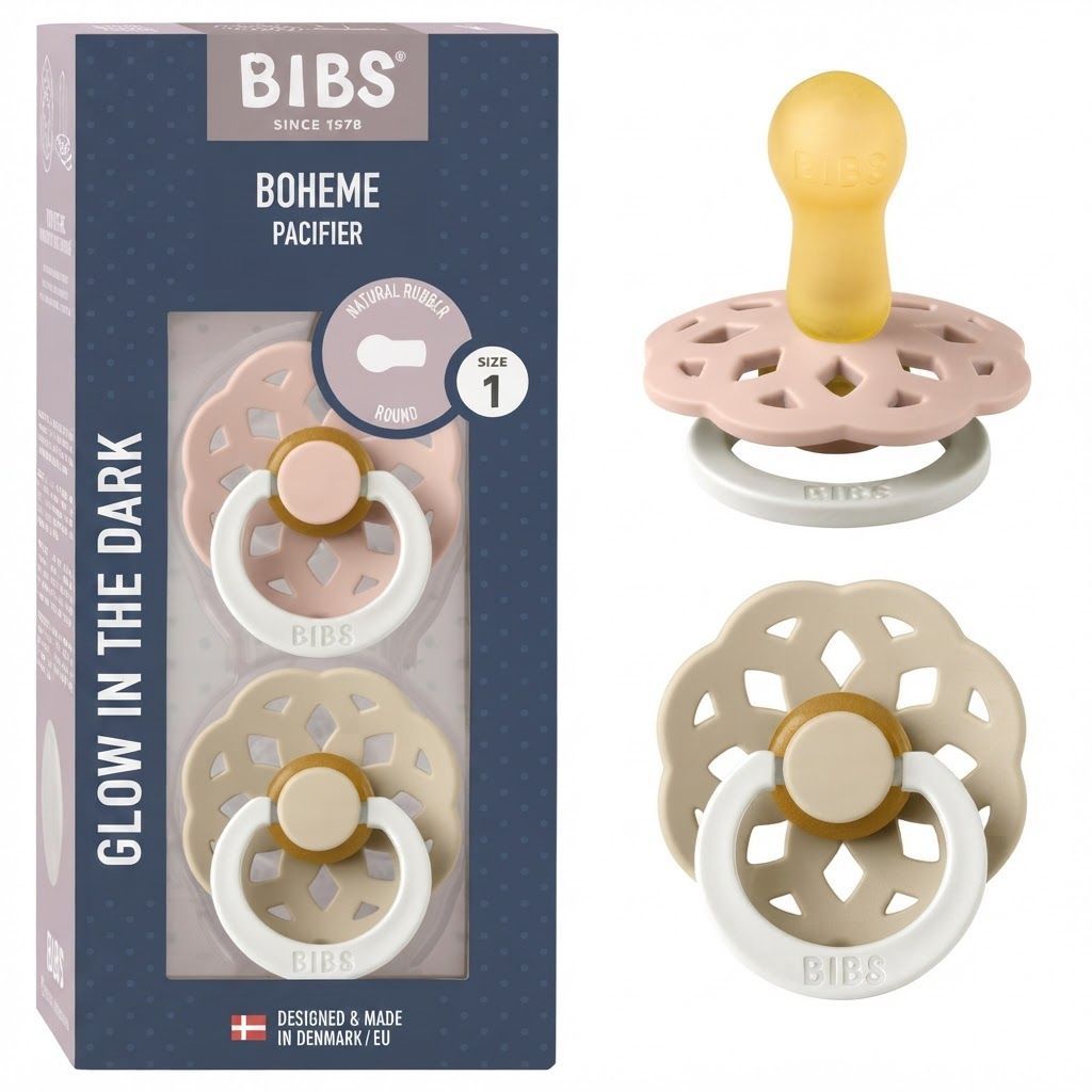 عبوة من لهايتين BIBS بوهم المضيئة مقاس 1، لعمر +0 أشهر، حلمة من اللاتكس المطاطي الطبيعي، انتقال سلس للرضاعة، تصميم واقٍ لطيف - وردي فاتح مضيء / فانيلا مضيء