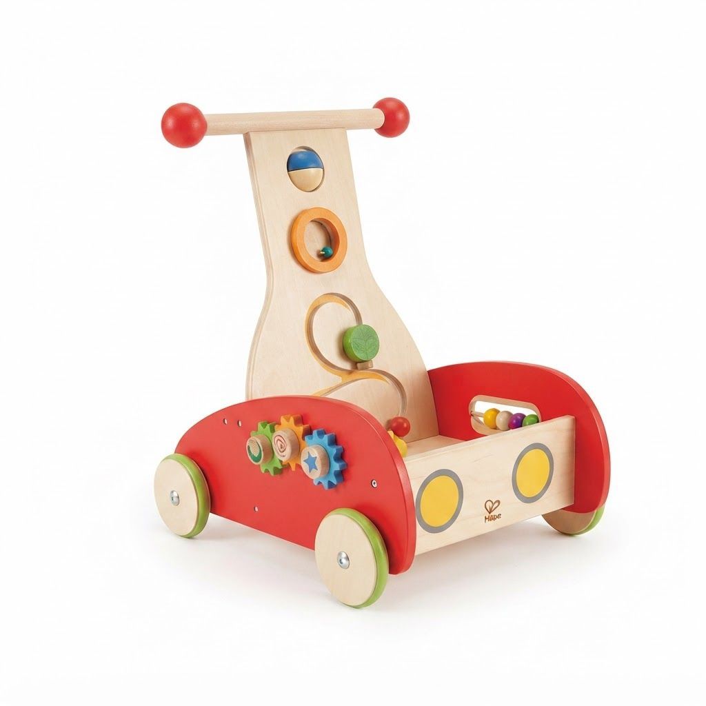 Hape Wonder Walker Wooden Toddler Push and Pull Activity Toy - Rolling Baby Walker with Gears, Red