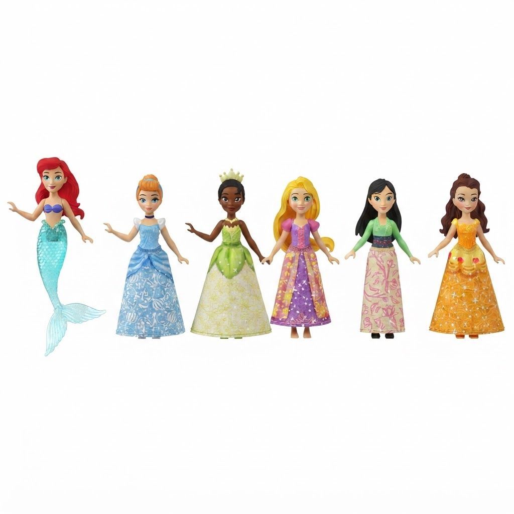 Mattel Disney Princess Tea Party Collection, 6 Posable Small Dolls with Sparkling Outfits & 13 Accessories