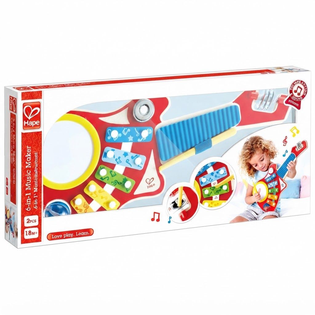 Hape 6-in-1 Wooden Music Maker Toy for Toddlers - Guitar-Shaped Musical Set with Drum & Xylophone