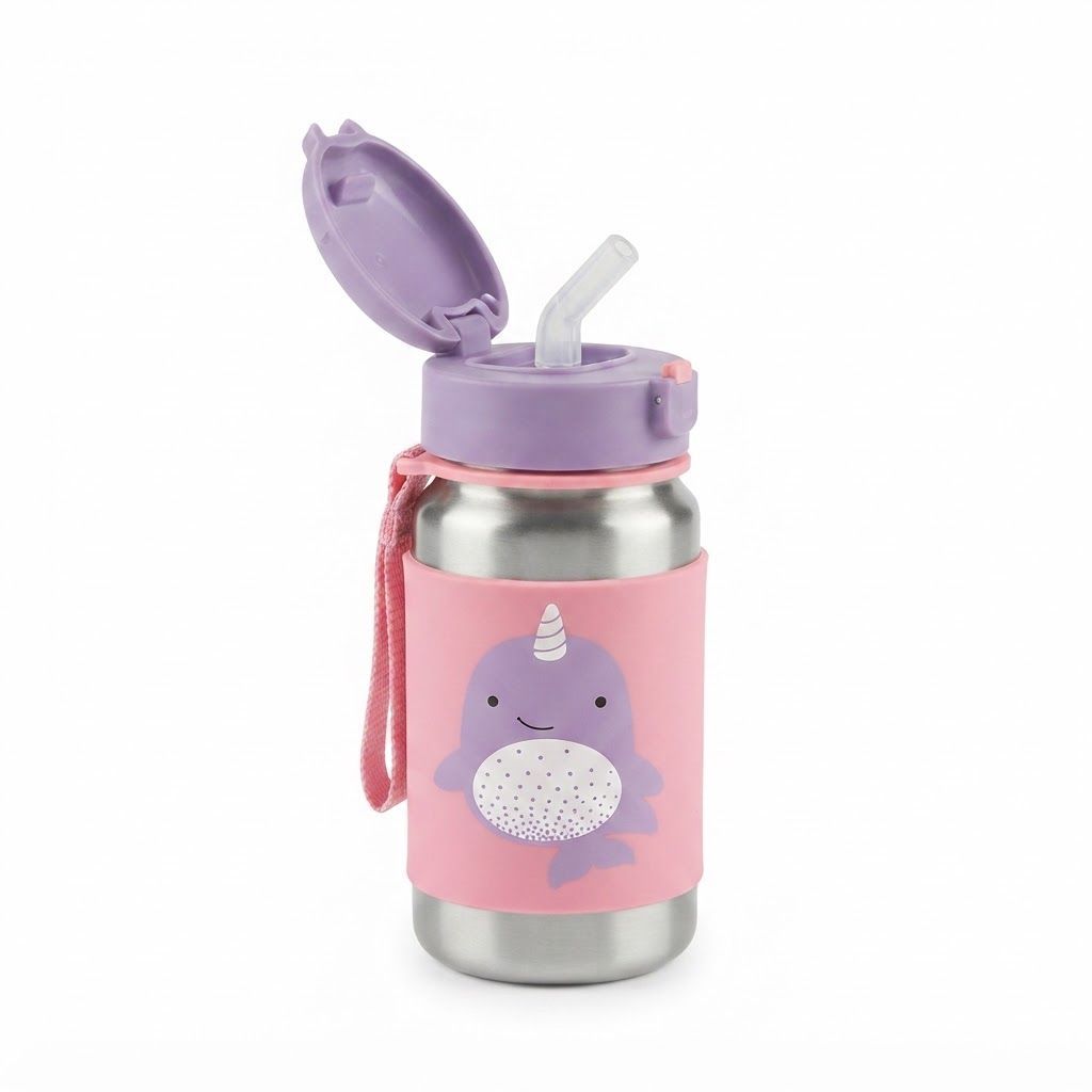 Skip Hop Zoo Racoon Stainless Steel Straw Bottle 12+ Months 350ml, No-slip Silicone Sleeve, Flexible Straw Flips Down To Stay Clean - Multicolour