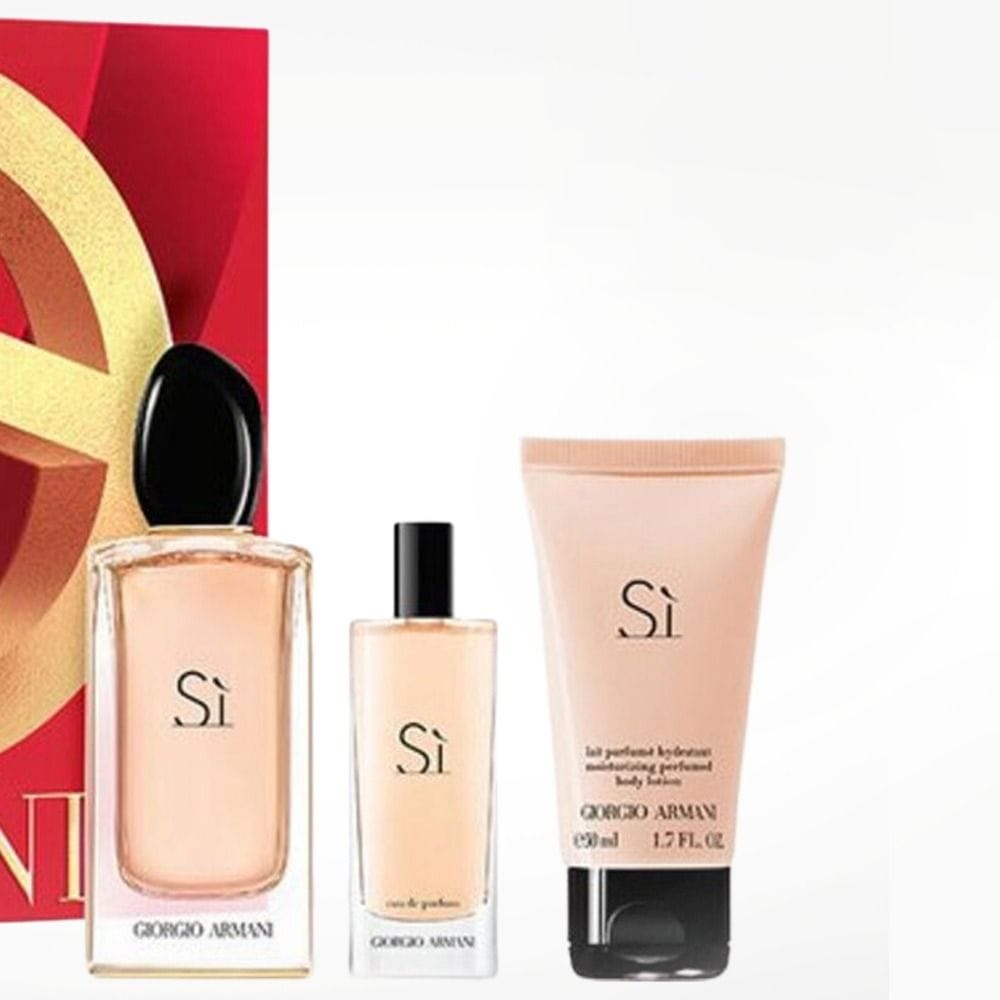 Giorgio Armani Sì Eau de Parfum for Women Gift Set, Elegant Floral Chypre Fragrance with Blackcurrant, Rose, Vanilla & Woody Notes - 100ml + 15ml Mini Spray + 50ml Body Lotion