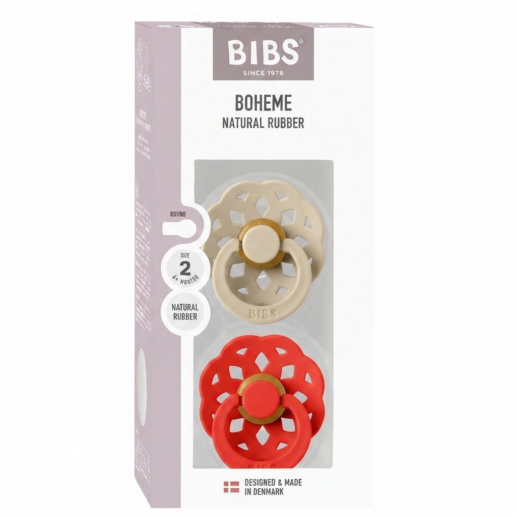 BIBS Boheme Pacifier Size 2 6+ Months 2 Pack, Natural Rubber Latex Nipple, Gentle And Skin-Friendly Shield Design - Vanilla/Candy Apple