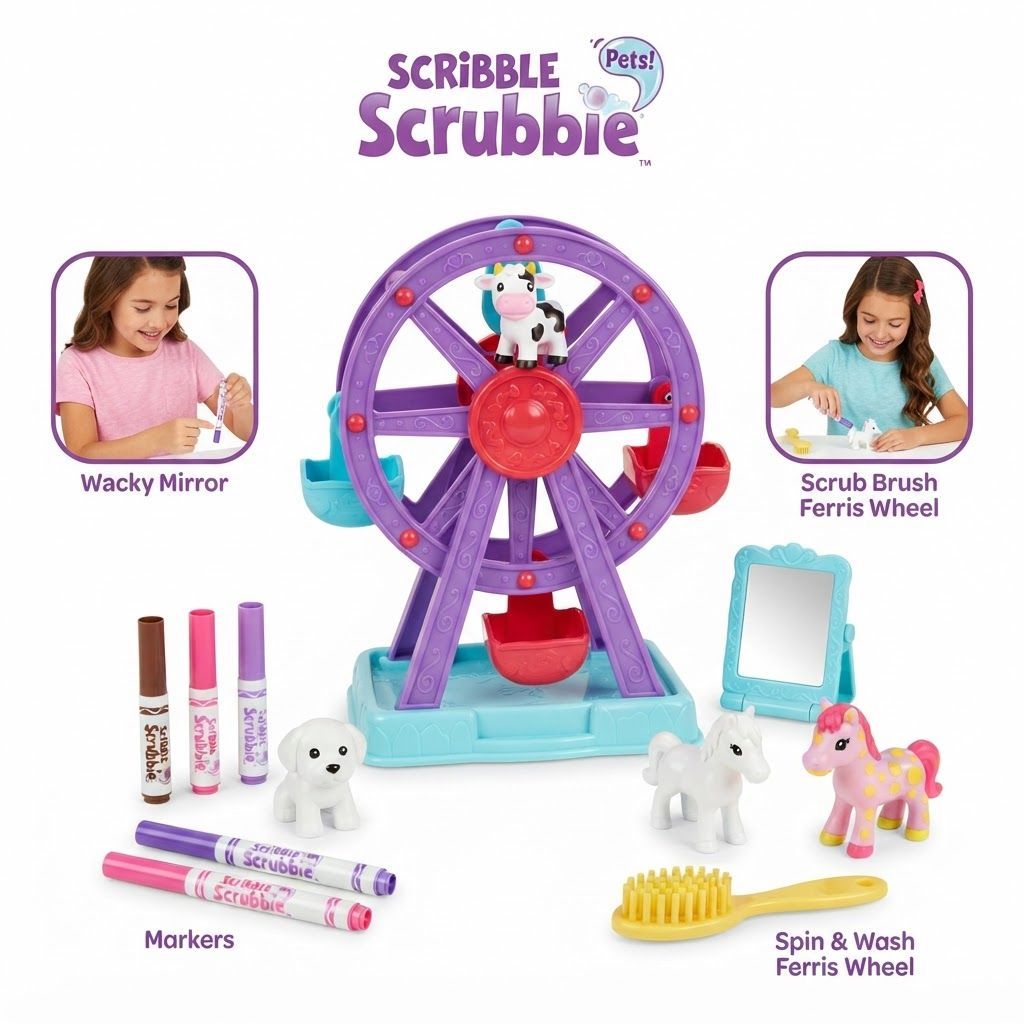 Crayola Scribble Scrubbie Pets Carnival Playset - Creative Toy with Spin & Wash Wheel, 5 Animal – 3 years and up, 1 Spin & Wash Wheel, 1 Wacky Mirror, 8 Washable Markers, 1 Scrub Brush, 5 Pets