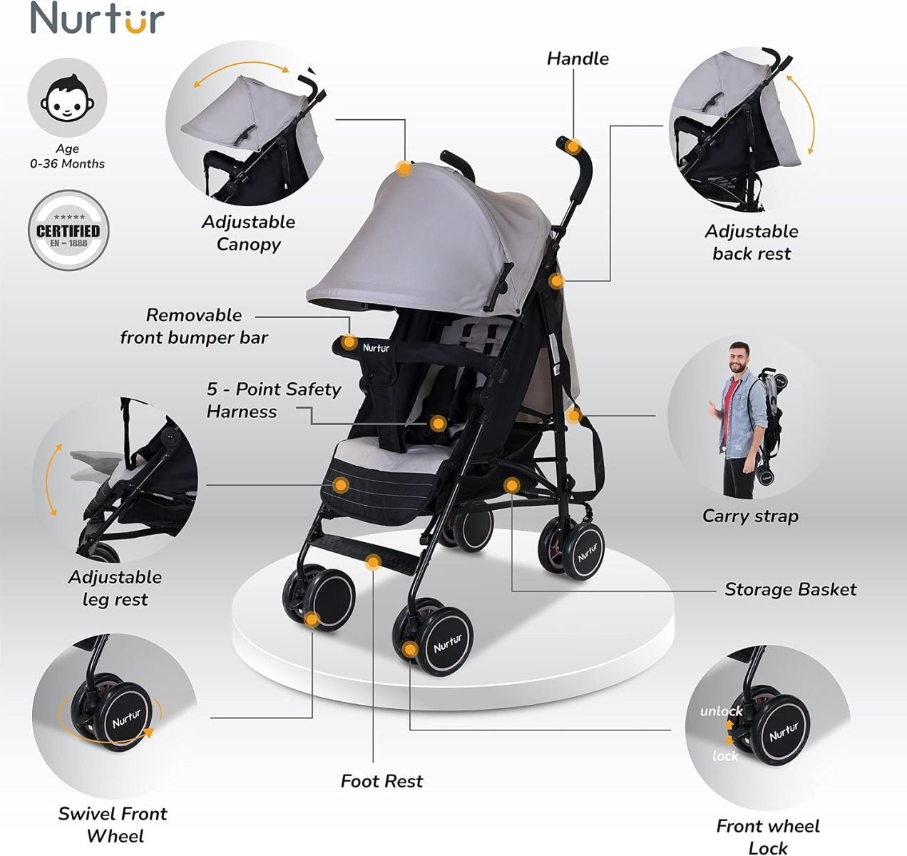 Nurtur Archer Lightweight Baby Stroller 0-36 Months, Compact Folding Travel Pushchair, 5-Point | Light Grey