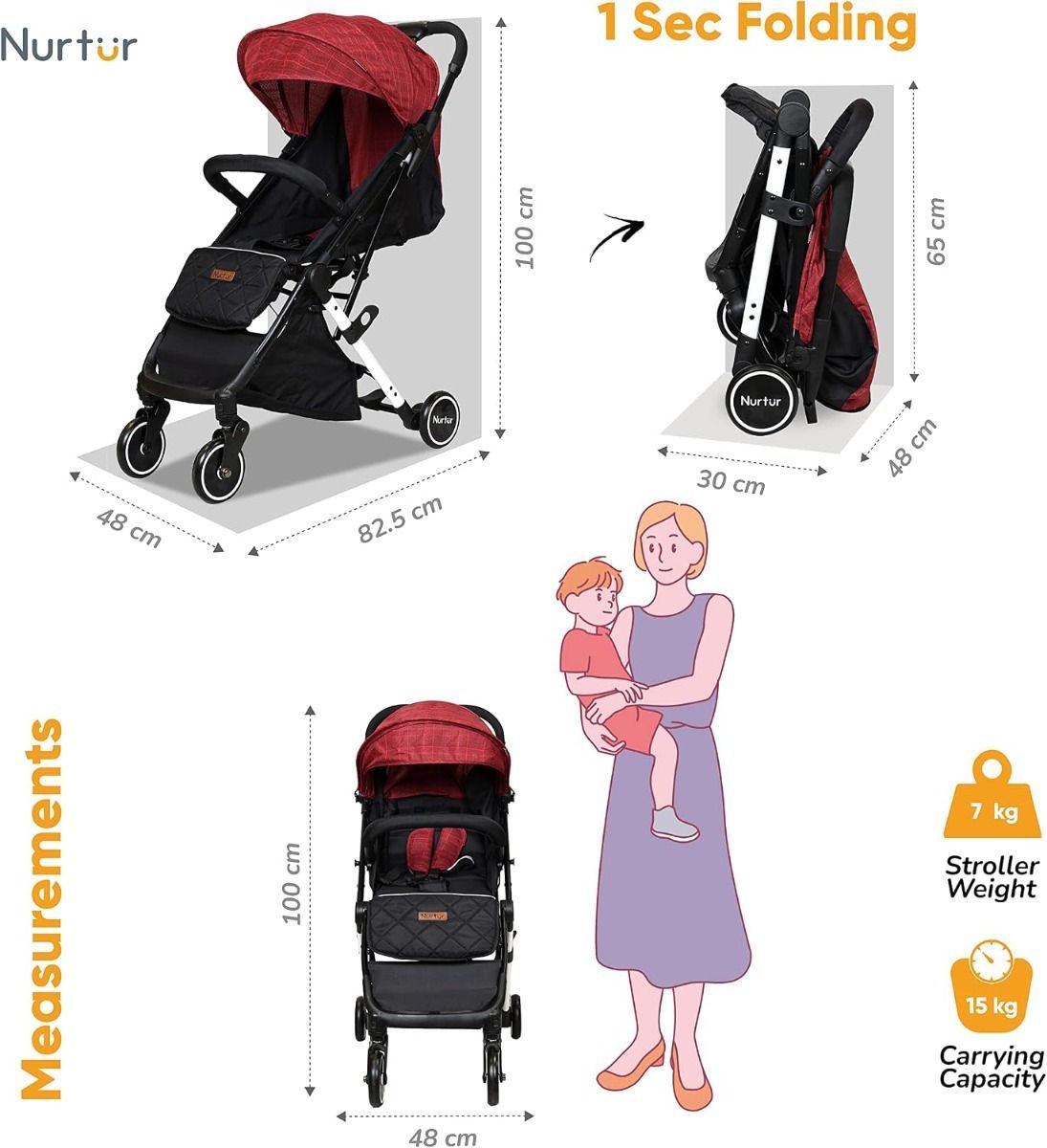 Nurtur Bravo Lightweight Travel Stroller for Baby & Kids, Compact Foldable Design with 5-Point, 15 lbs, 0-36 Months | Red