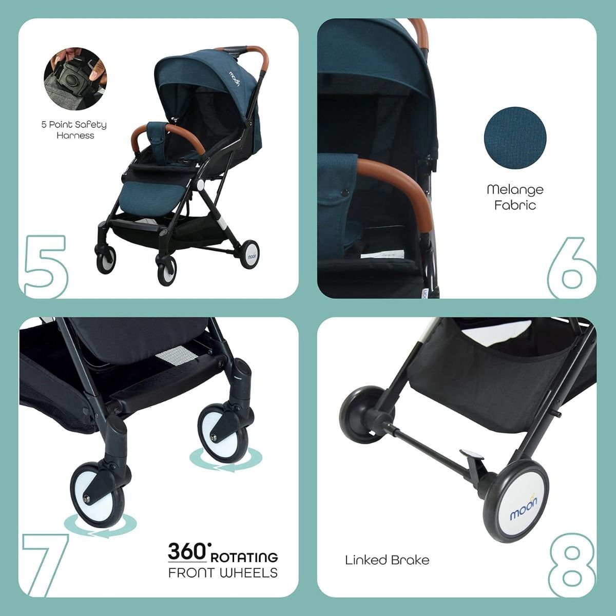 The Moon Brand Ritzi Lightweight Travel Stroller, Compact Cabin Foldable Pushchair with Reclining, Up to 18 kg, 0 Months+, 5-Point Safety Belt | Black/Blue 