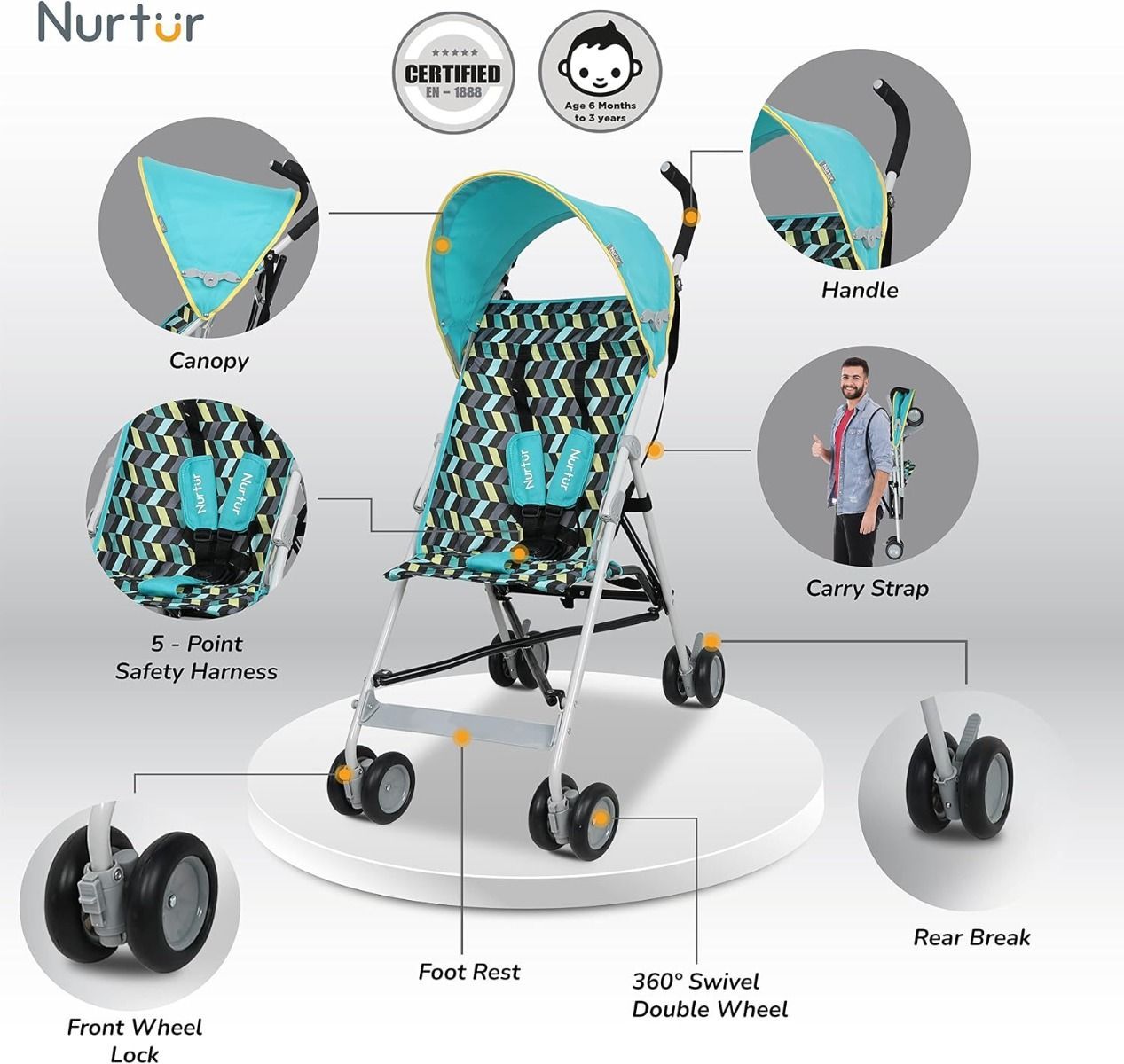 Nurtur Rex Lightweight Stroller Ultra-Compact Baby Buggy, Travel-Friendly Foldable Design, 6 months to 3 years, 5-Point Safety Harness | Green/Teal
