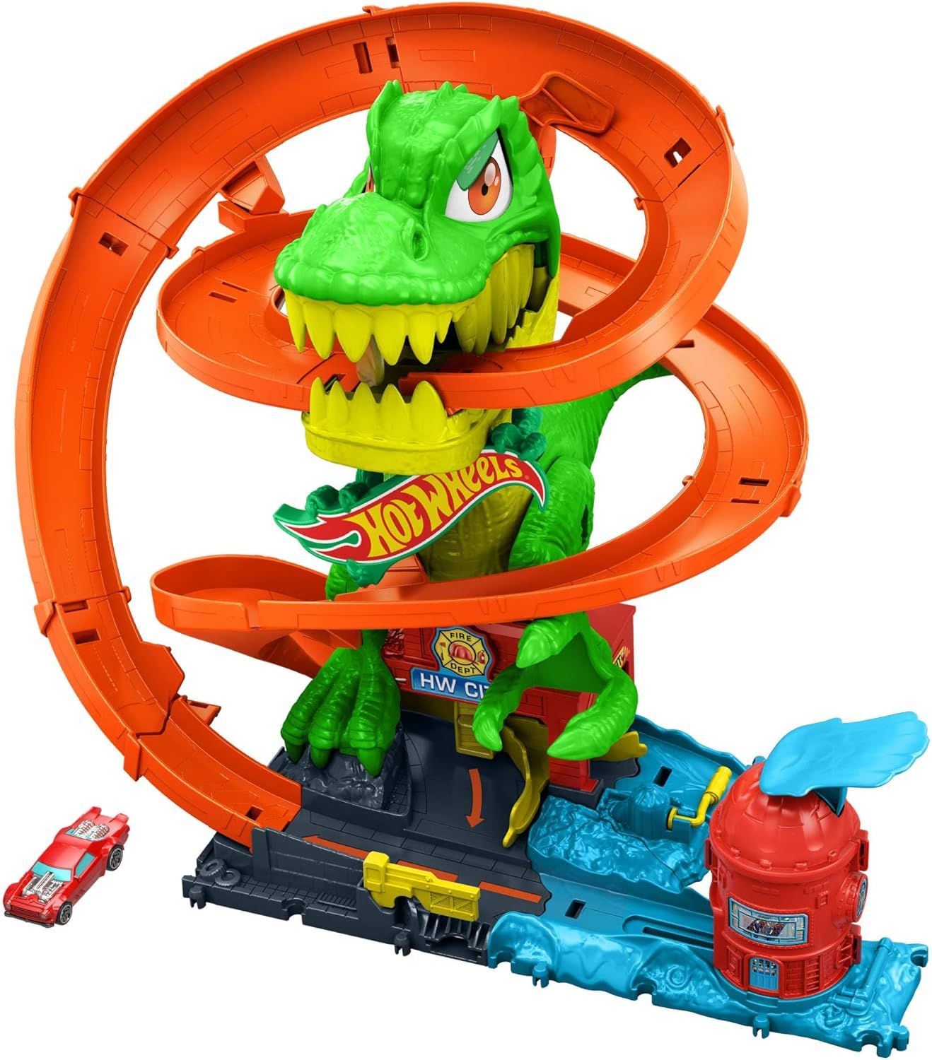 مجموعة لعب هوت ويلز سيتي مع معركة تي ريكس بليز، تتضمن شاحنة معدنية مصبوبة لمغامرات مليئة بالإثارة.