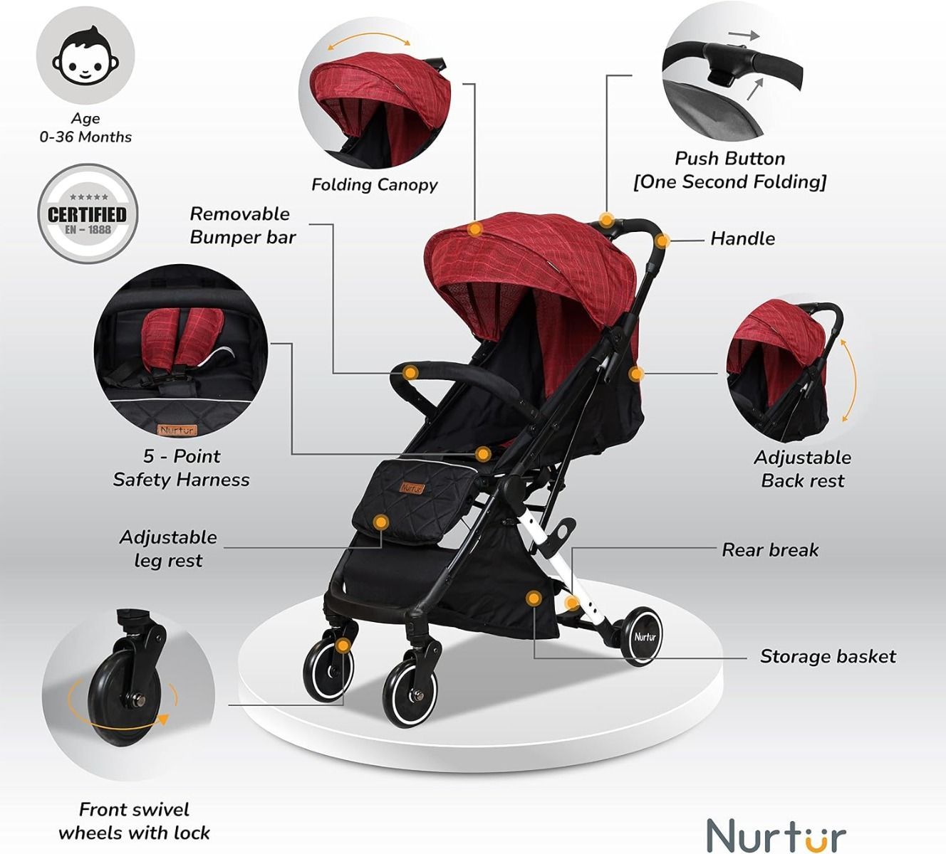 Nurtur Bravo Lightweight Travel Stroller for Baby & Kids, Compact Foldable Design with 5-Point, 15 lbs, 0-36 Months | Red