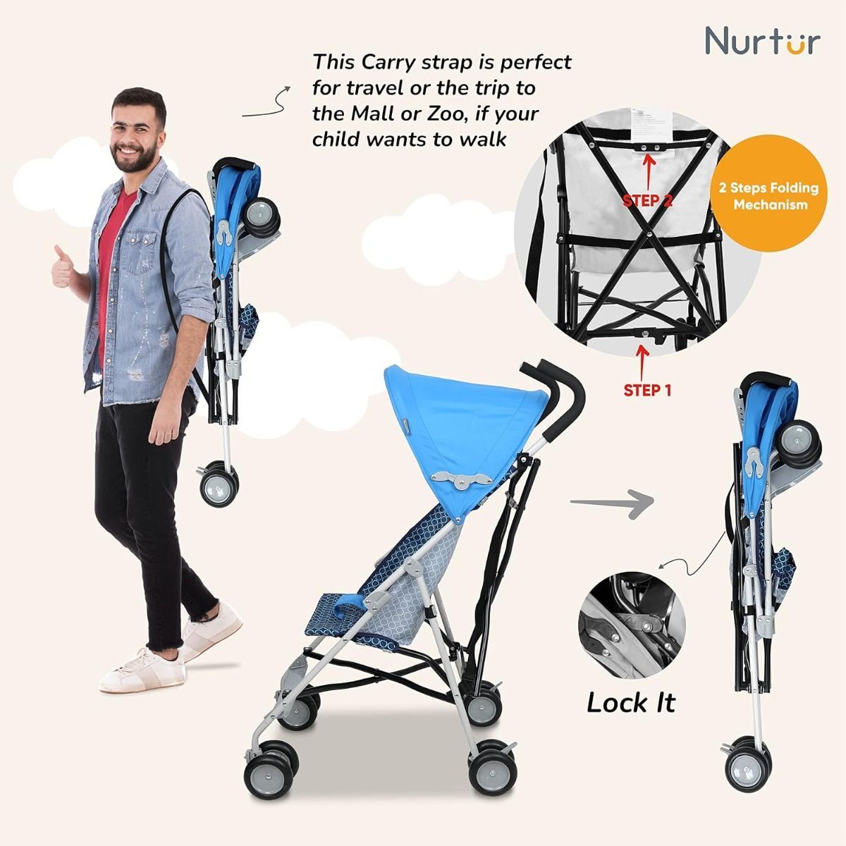 Nurtur Rex Lightweight Stroller - Ultra-Compact 4.8kg Folding Baby Buggy with Sun Canopy, 6 months to 3 years, 5-Point | Blue/Black
