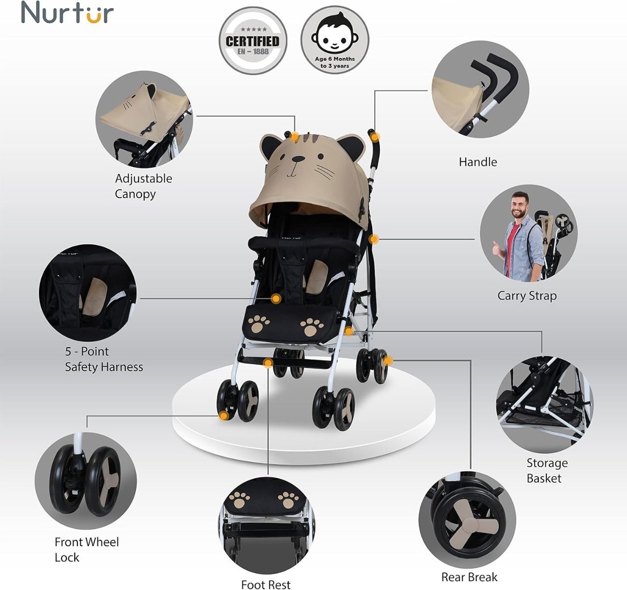Nurtur Luca Lightweight Baby Stroller, Compact Travel Stroller with 5-Point Harness, 26 lbs, 0-36 Months | Reclining  Brown