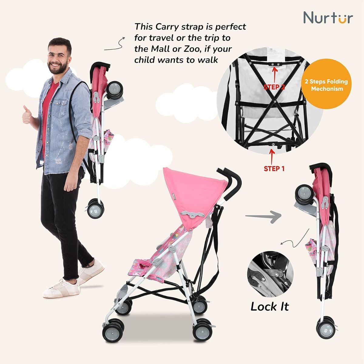 Nurtur Rex Lightweight Stroller Compact Folding Travel Buggy for Toddlers 6-36 Months, 11 lbs, 5-Point | Pink