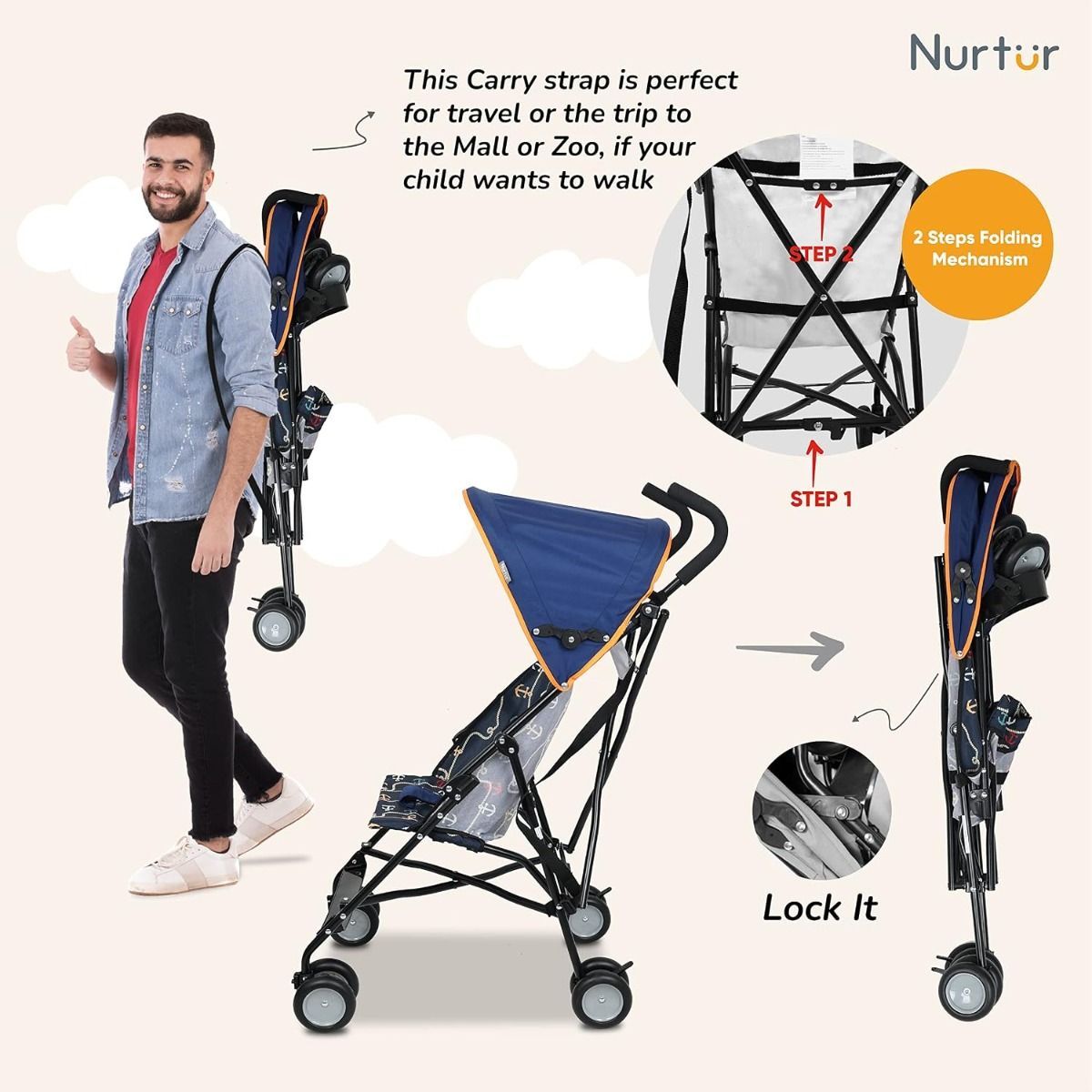Nurtur Rex Lightweight Stroller - 4.8kg Ultra Compact Travel Buggy for Toddlers 6m-3yrs, Easy Fold  5-Point System