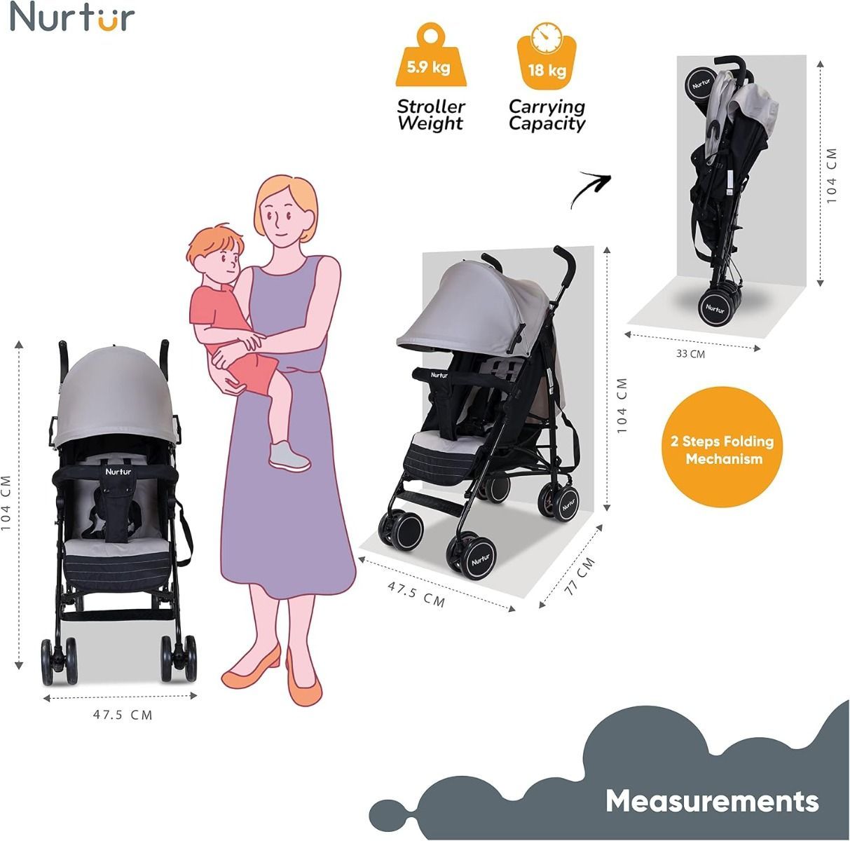Nurtur Archer Lightweight Baby Stroller 0-36 Months, Compact Folding Travel Pushchair, 5-Point | Light Grey