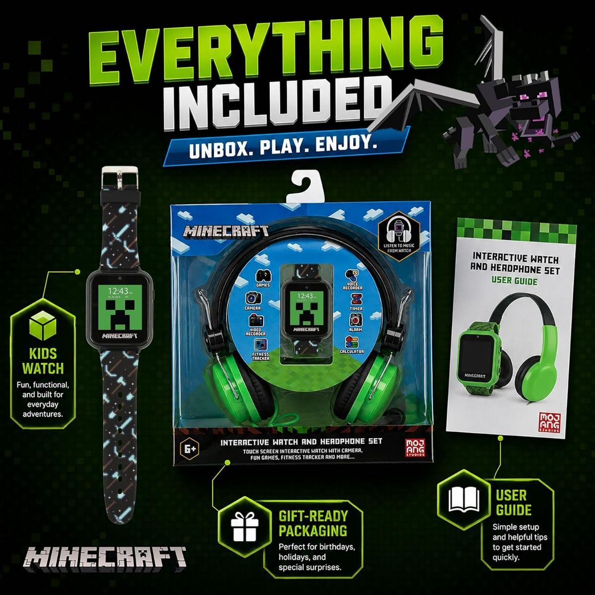 Minecraft Interactive Kids Smart Watch – Touchscreen with 6 Games, Selfie & Video Camera, Step/Activity Tracker, Alarm & Timer, 10 Watch Faces