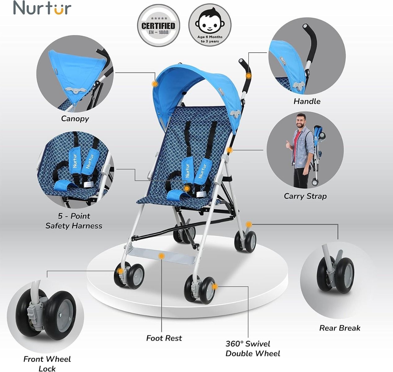 Nurtur Rex Lightweight Stroller - Ultra-Compact 4.8kg Folding Baby Buggy with Sun Canopy, 6 months to 3 years, 5-Point | Blue/Black