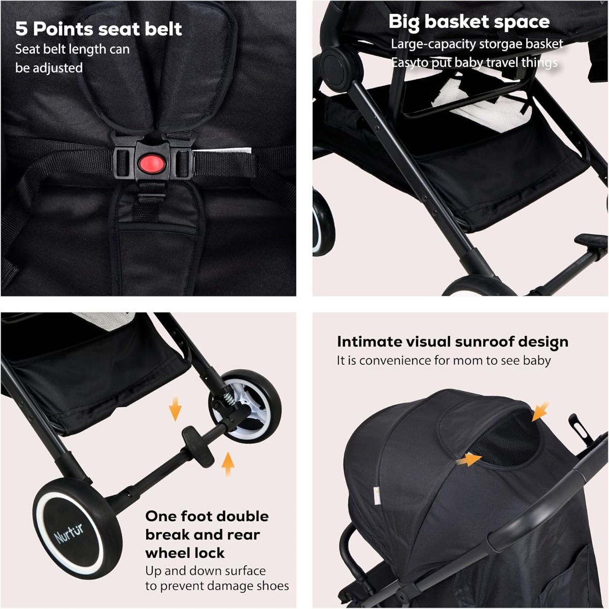Nurtur Bravo Lightweight Travel Stroller for Baby & Kids, Compact Foldable Design, 5-Point Safety, 0-36 months | Black