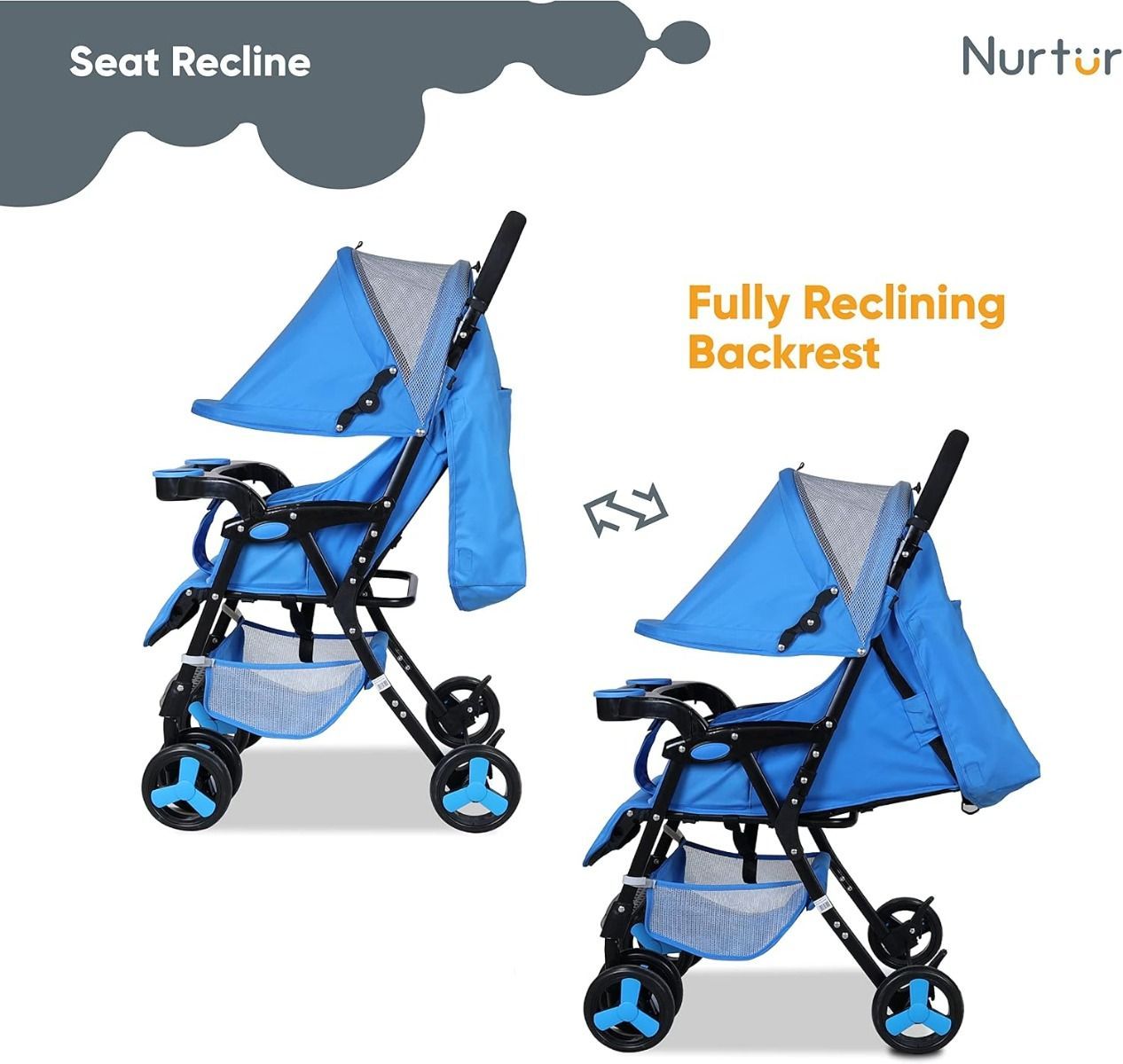 Nurtur Ryder Ultra Compact Lightweight Baby Travel Stroller, Reclining Seat with Food Tray, 0-36 Months, 5-Point | Multicolor