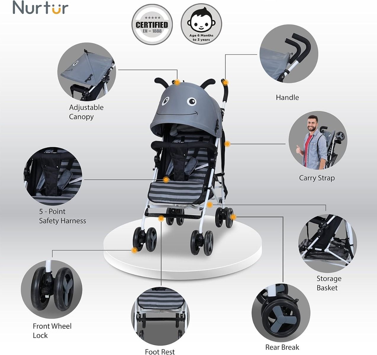Nurtur Luca Lightweight Baby Stroller, Compact Folding Travel Stroller for Newborn to Toddler, 26 lbs, 0 - 36 Months, 5-Point Safety Harness | Grey
