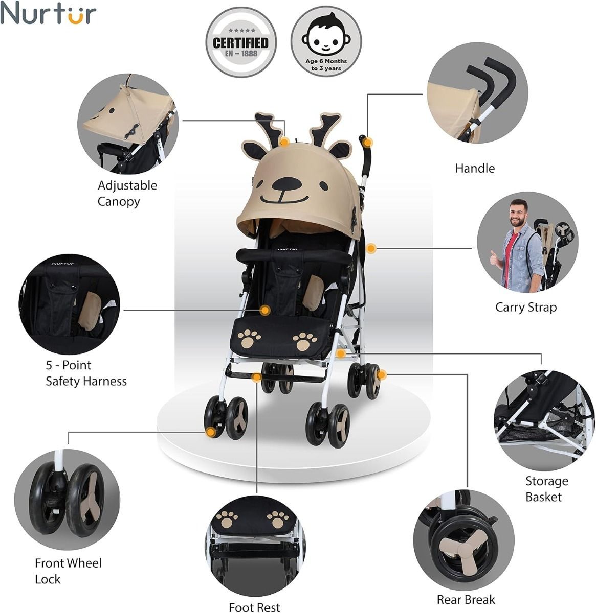 Nurtur Luca Lightweight Stroller - Compact Foldable Baby Carriage with 5-Point Safety Harness Sand, 26 lbs, 0-36 Months