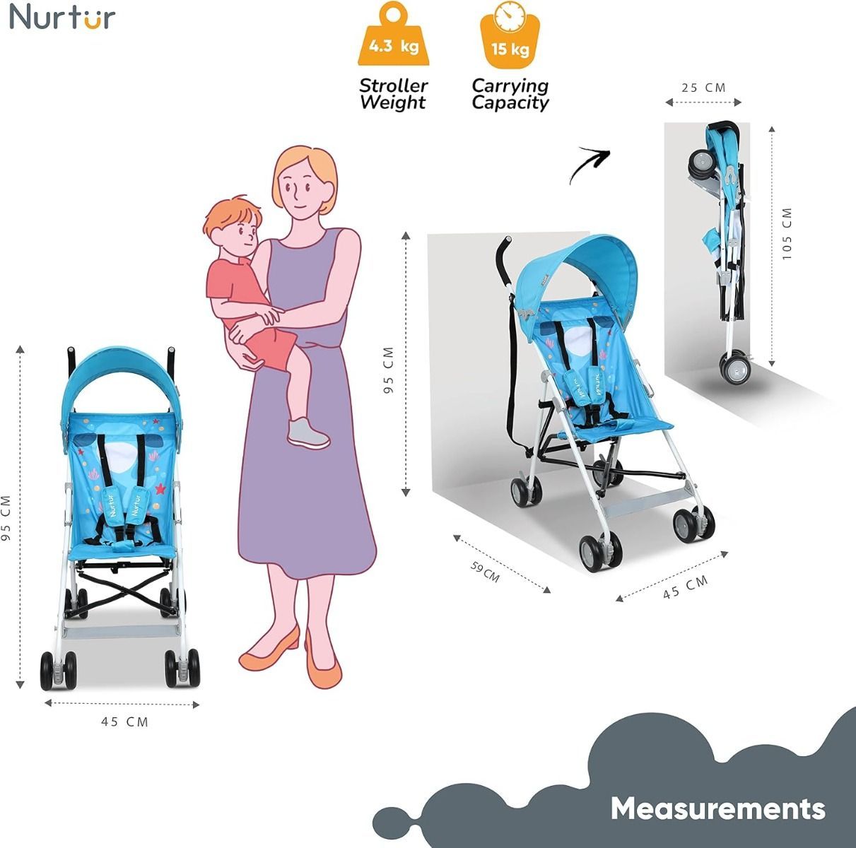 Nurtur Rex Lightweight Stroller Compact Fold Travel Buggy with Sun Canopy & Shoulder Strap, 5-Point | Light Blue