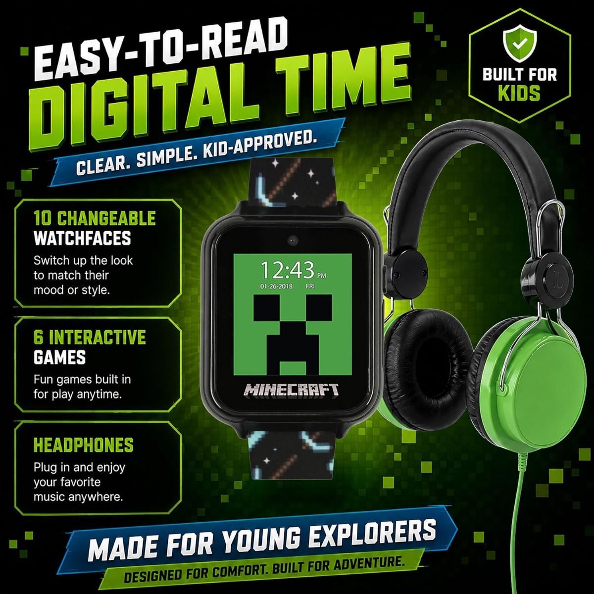 Minecraft Interactive Kids Smart Watch – Touchscreen with 6 Games, Selfie & Video Camera, Step/Activity Tracker, Alarm & Timer, 10 Watch Faces