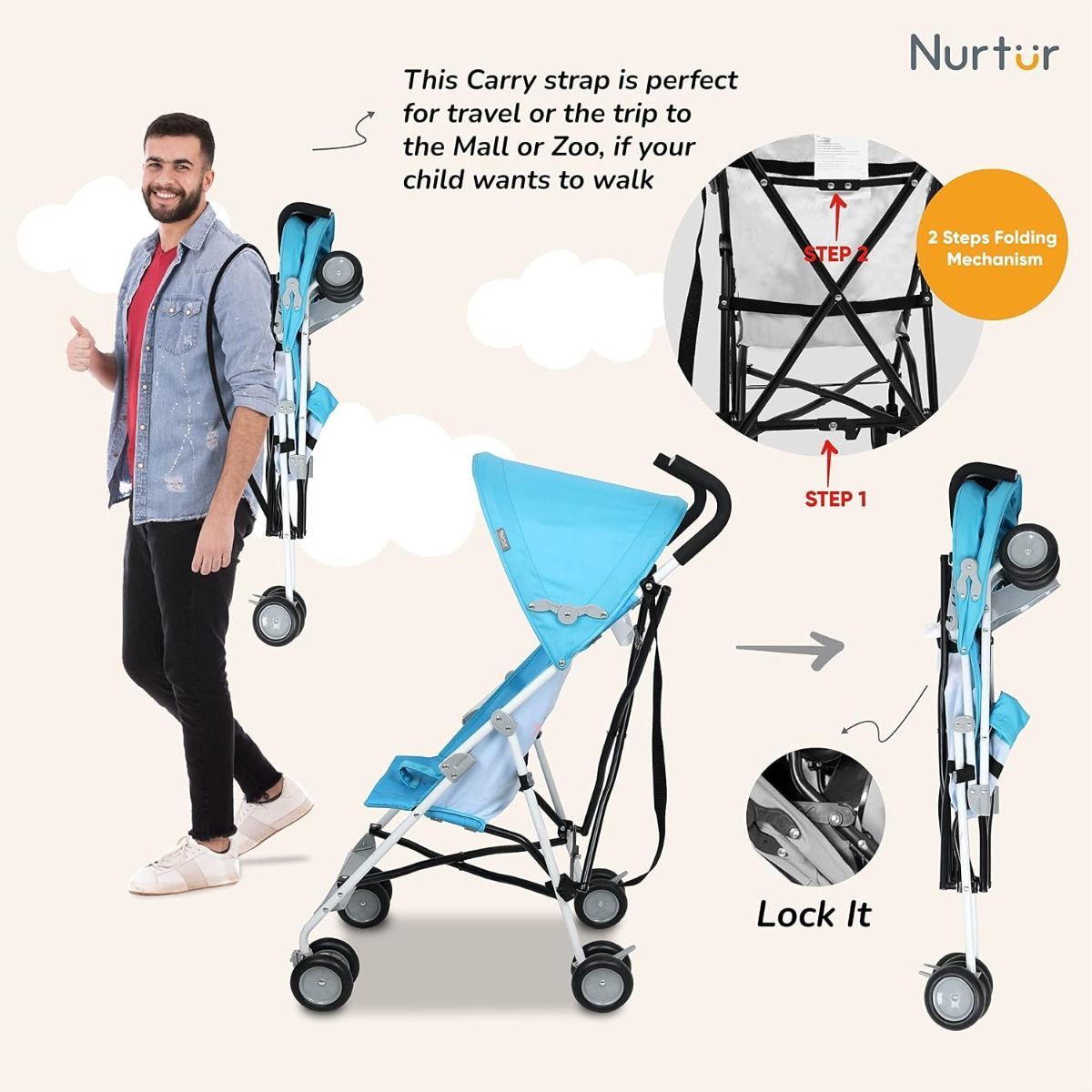 Nurtur Rex Lightweight Stroller Compact Fold Travel Buggy with Sun Canopy & Shoulder Strap, 5-Point | Light Blue