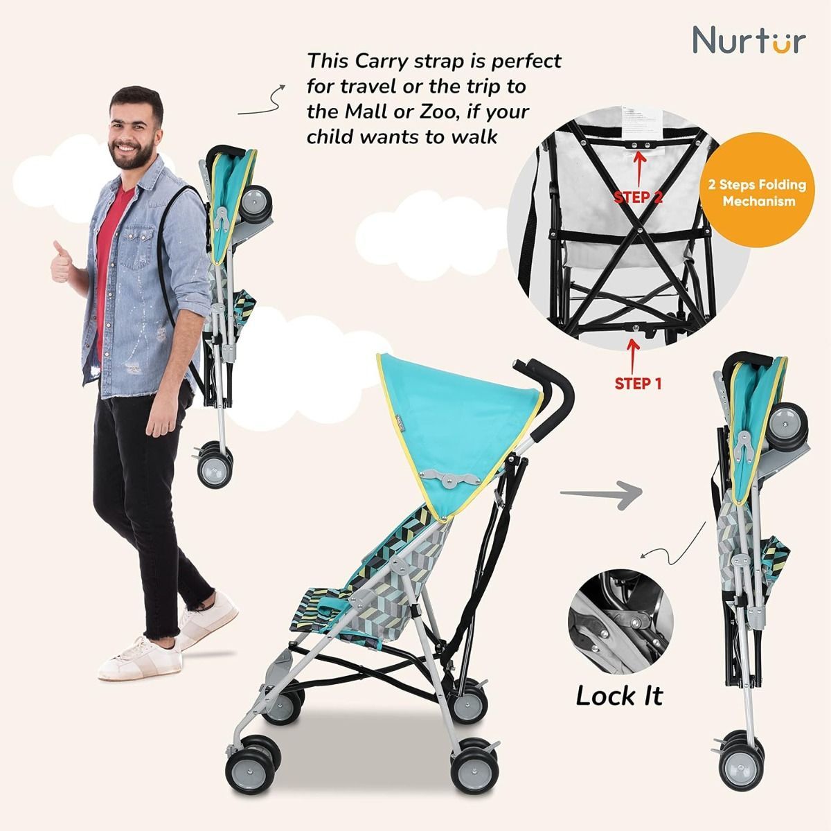 Nurtur Rex Lightweight Stroller Ultra-Compact Baby Buggy, Travel-Friendly Foldable Design, 6 months to 3 years, 5-Point Safety Harness | Green/Teal