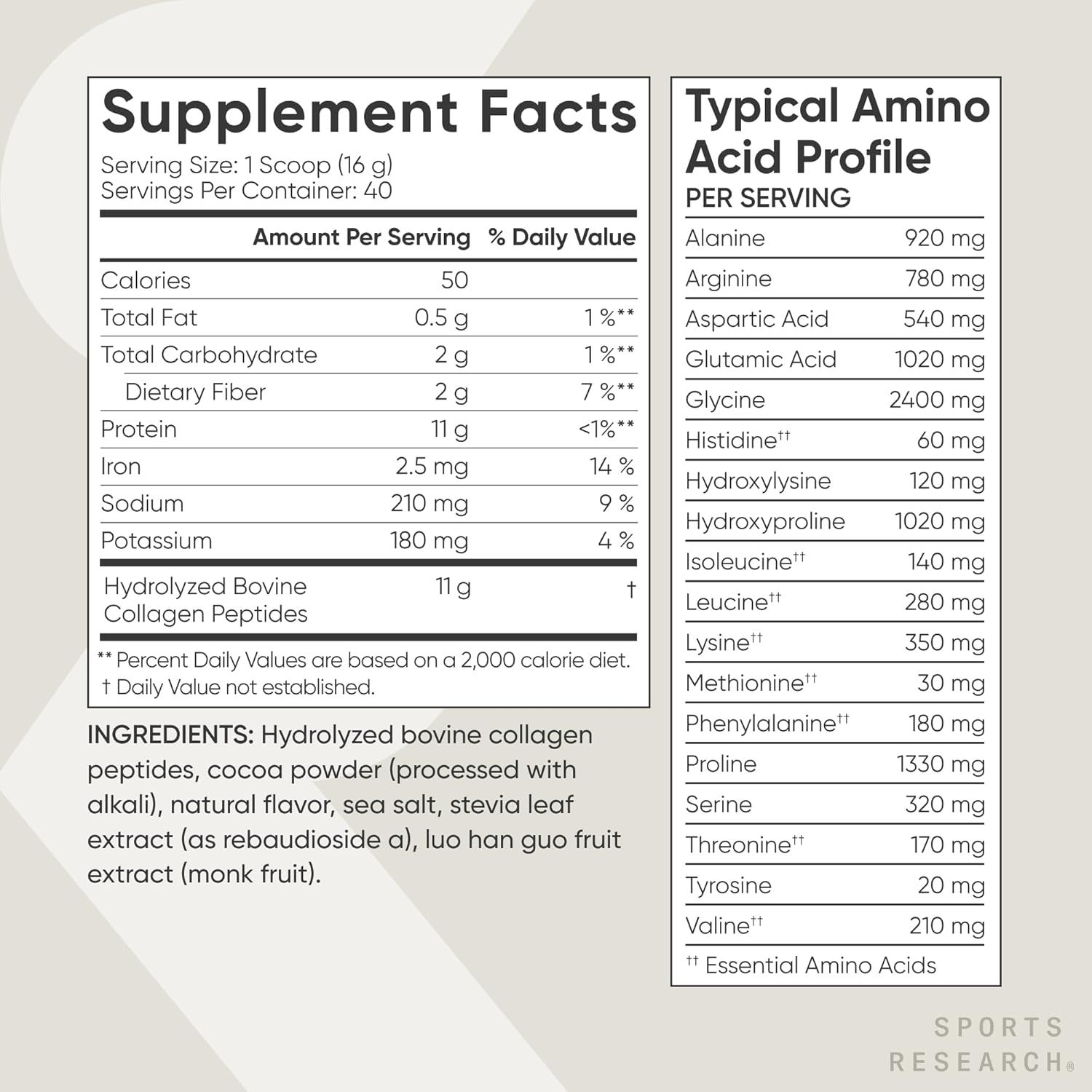 Sports Research Hydrolyzed Collagen Peptides - Dark Chocolate Flavor, 1.42lb