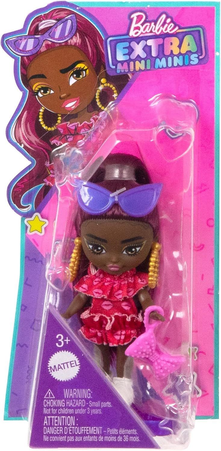 Barbie Extra Mini Doll with Burgundy Hair, Red Dress & Accessories - HLN47