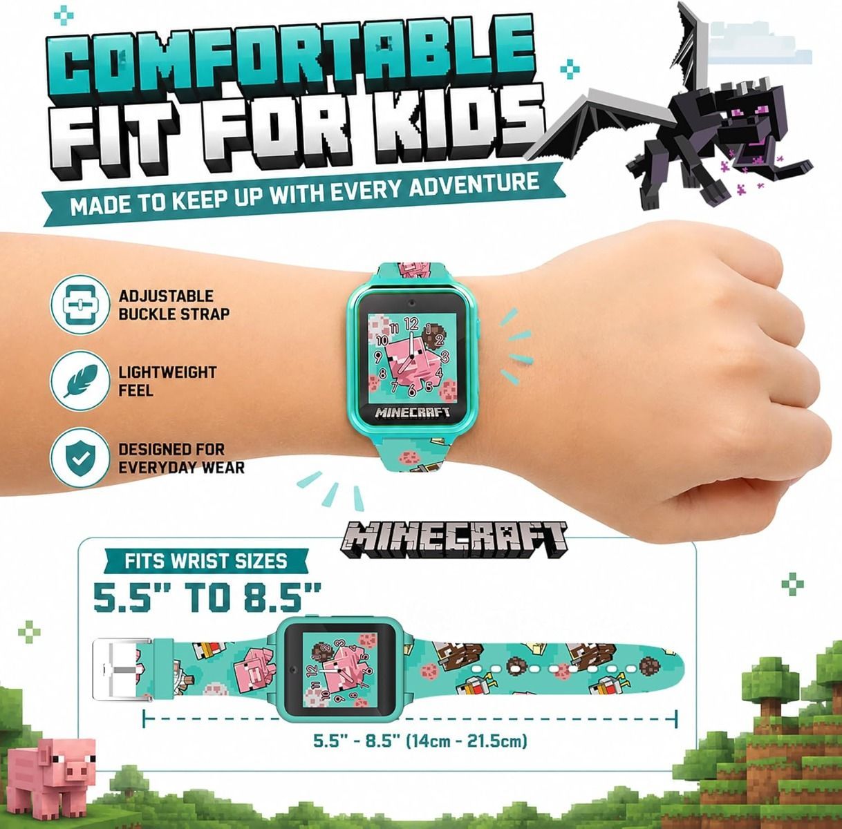 Minecraft Kids Smartwatch – Interactive Touchscreen Watch with Selfie & Video Camera, 6 Games, Step Counter, Voice Recorder, Alarm & Timer