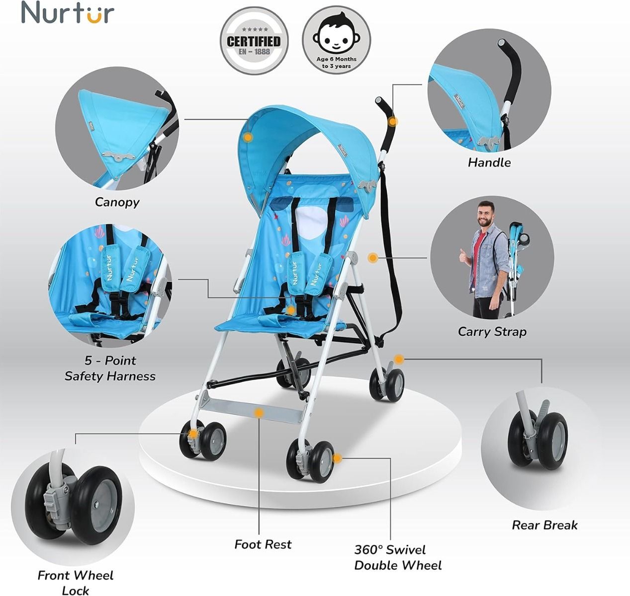 Nurtur Rex Lightweight Stroller Compact Fold Travel Buggy with Sun Canopy & Shoulder Strap, 5-Point | Light Blue