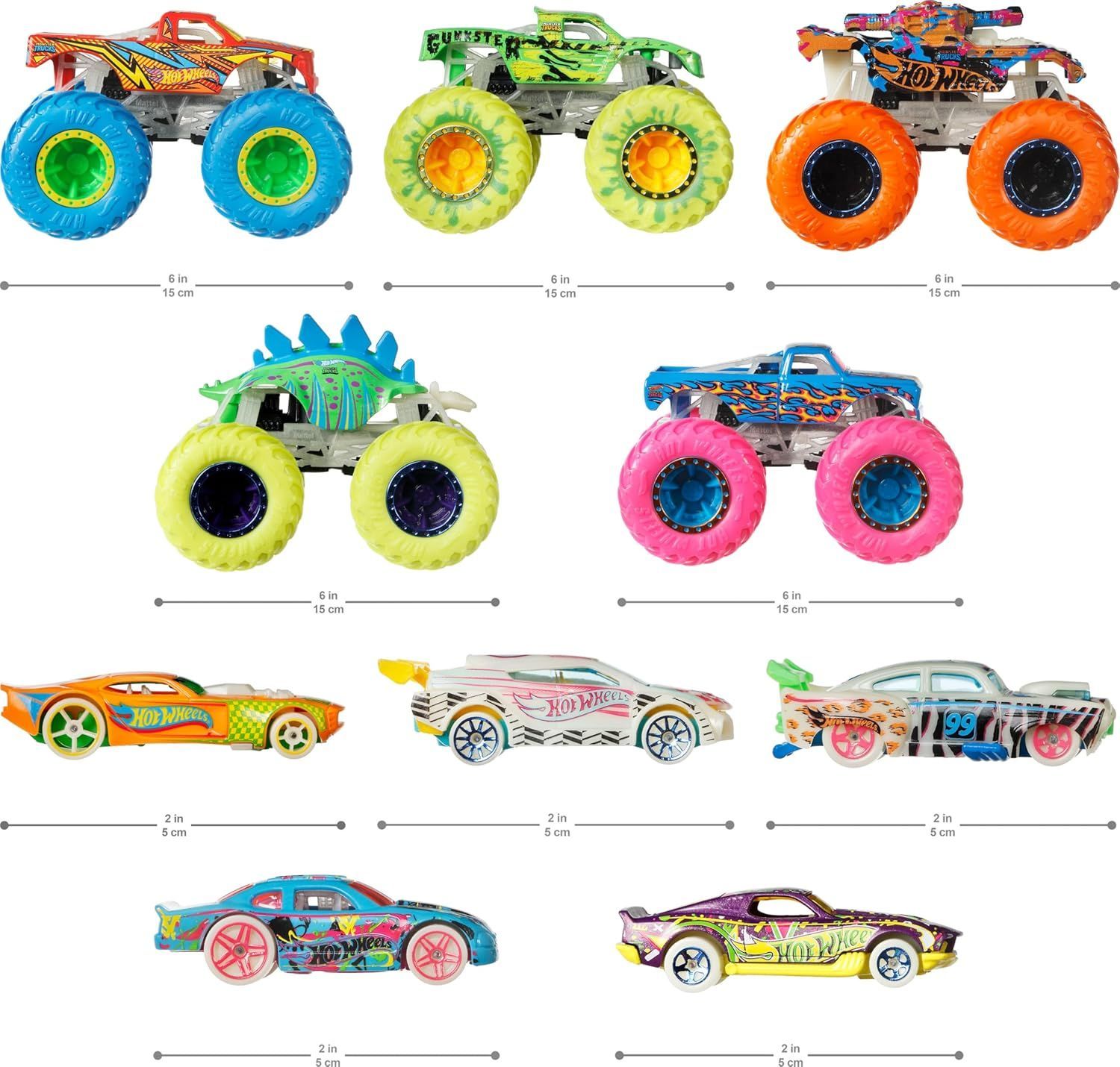 Glow in the Dark Hot Wheels Monster Trucks Multipack - 10 Vehicles for Kids Aged 4-8