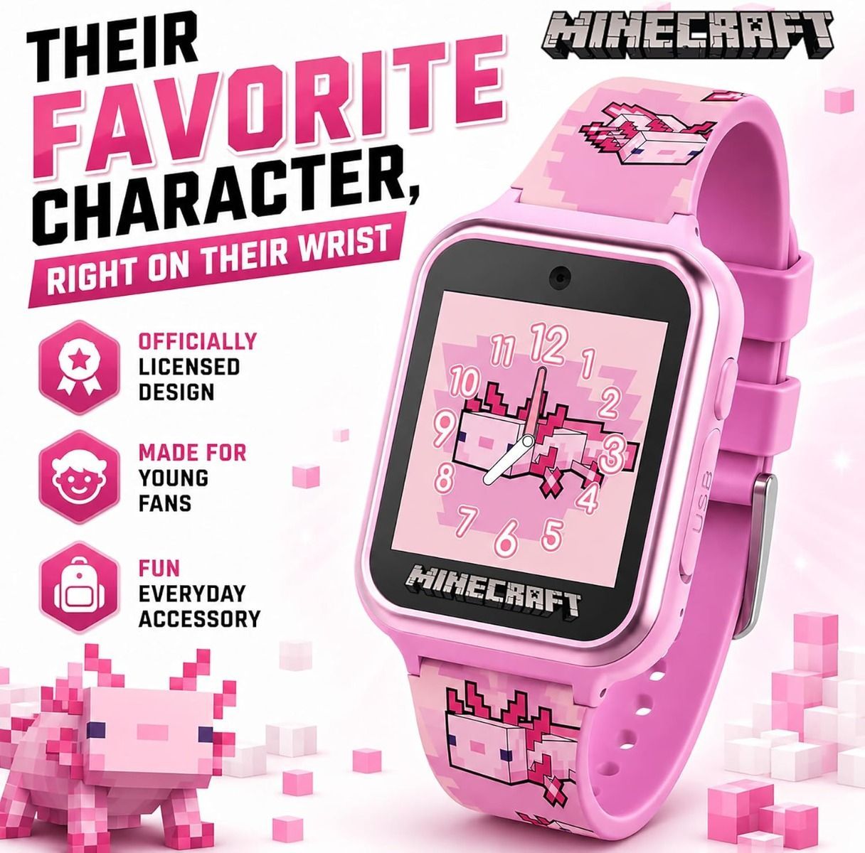 Minecraft Kids Smartwatch – Pink Axolotl Design, Selfie Camera, 10 Watch Faces, Games, Step Counter, Voice Recorder, Alarm & Timer