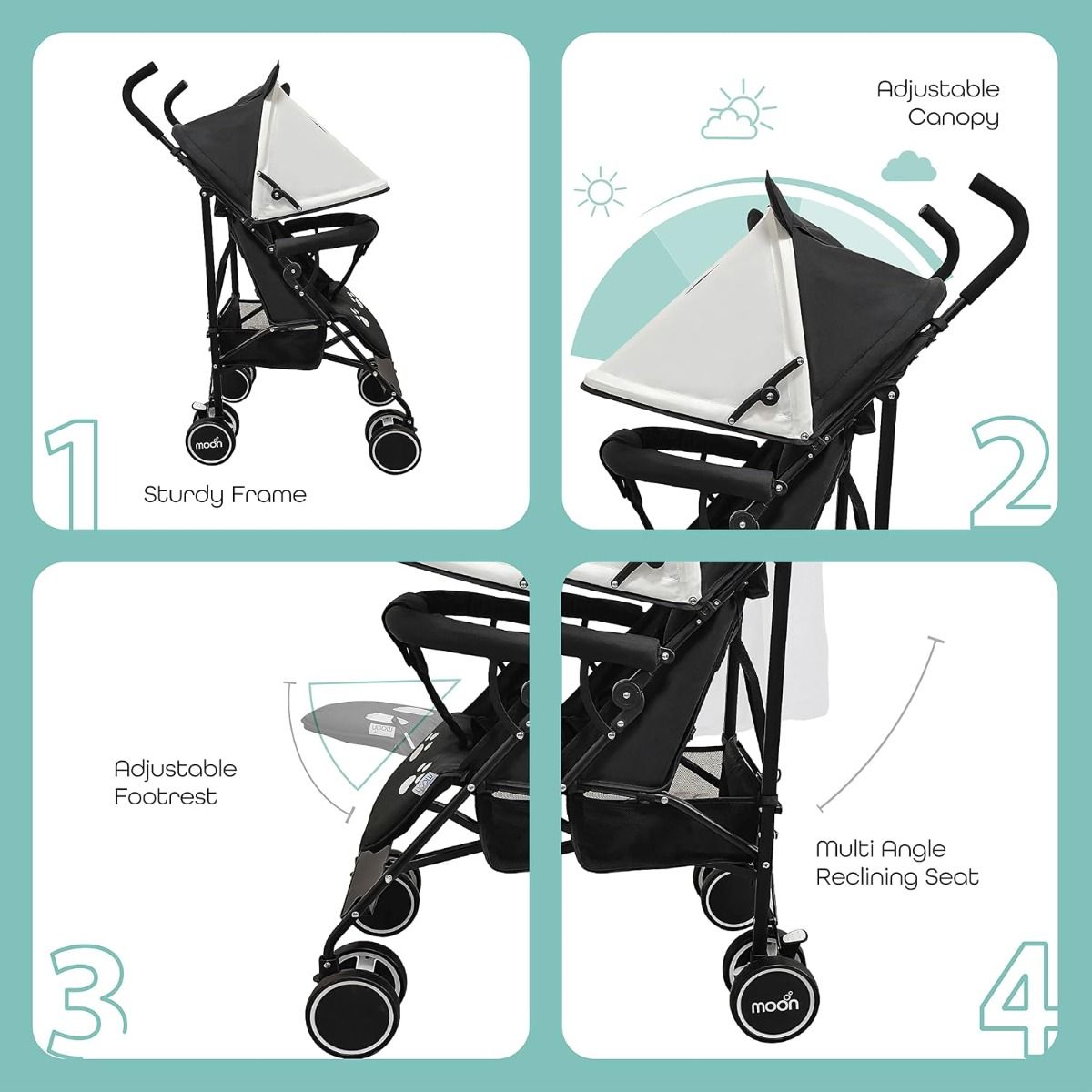 The Moon Safari Baby Stroller - Lightweight Umbrella Stroller for Travel with Panda Theme 18 kg, 0-36 months, 5-Point Harness