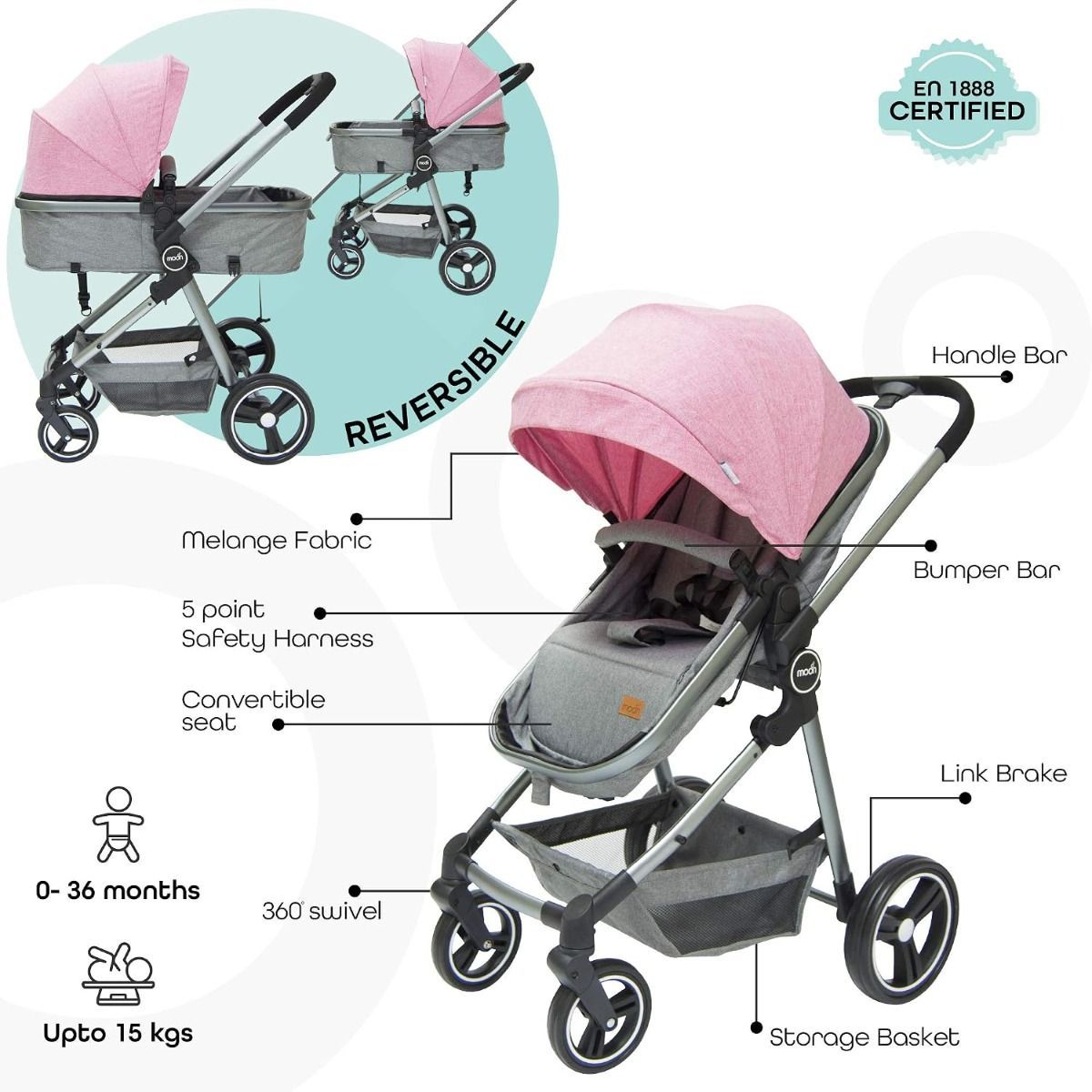 The Moon Brand Pro 2-in-1 Reversible Stroller & Carrycot - Lightweight Convertible, 12.5kg (Rear Facing) / 25kg (Forward Facing), Birth to 3 Years | Pink
