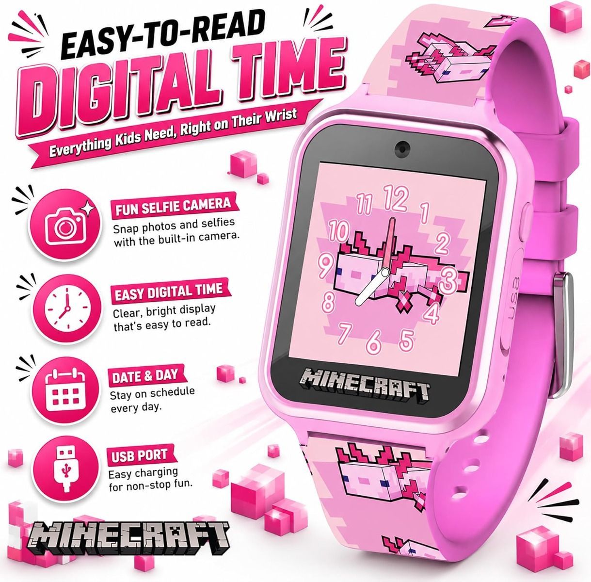 Minecraft Kids Smartwatch – Pink Axolotl Design, Selfie Camera, 10 Watch Faces, Games, Step Counter, Voice Recorder, Alarm & Timer