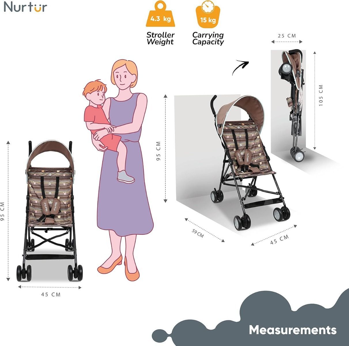 Nurtur Rex Lightweight Stroller Compact Fold 4.8kg Baby Buggy for Travel & Daily Use with  5-point | Sun Brown