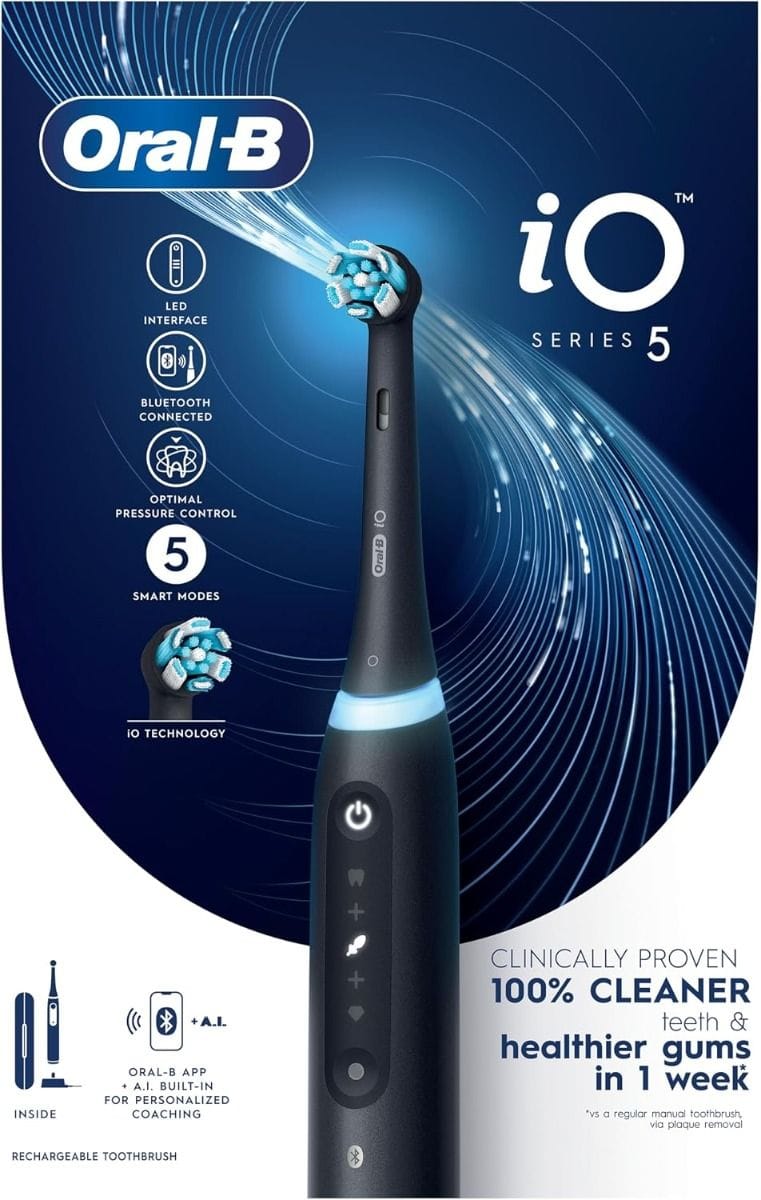 Oral-B iO5 Series 5 Electric Toothbrush, Black - AI Powered, Pressure Control, Bluetooth, LED