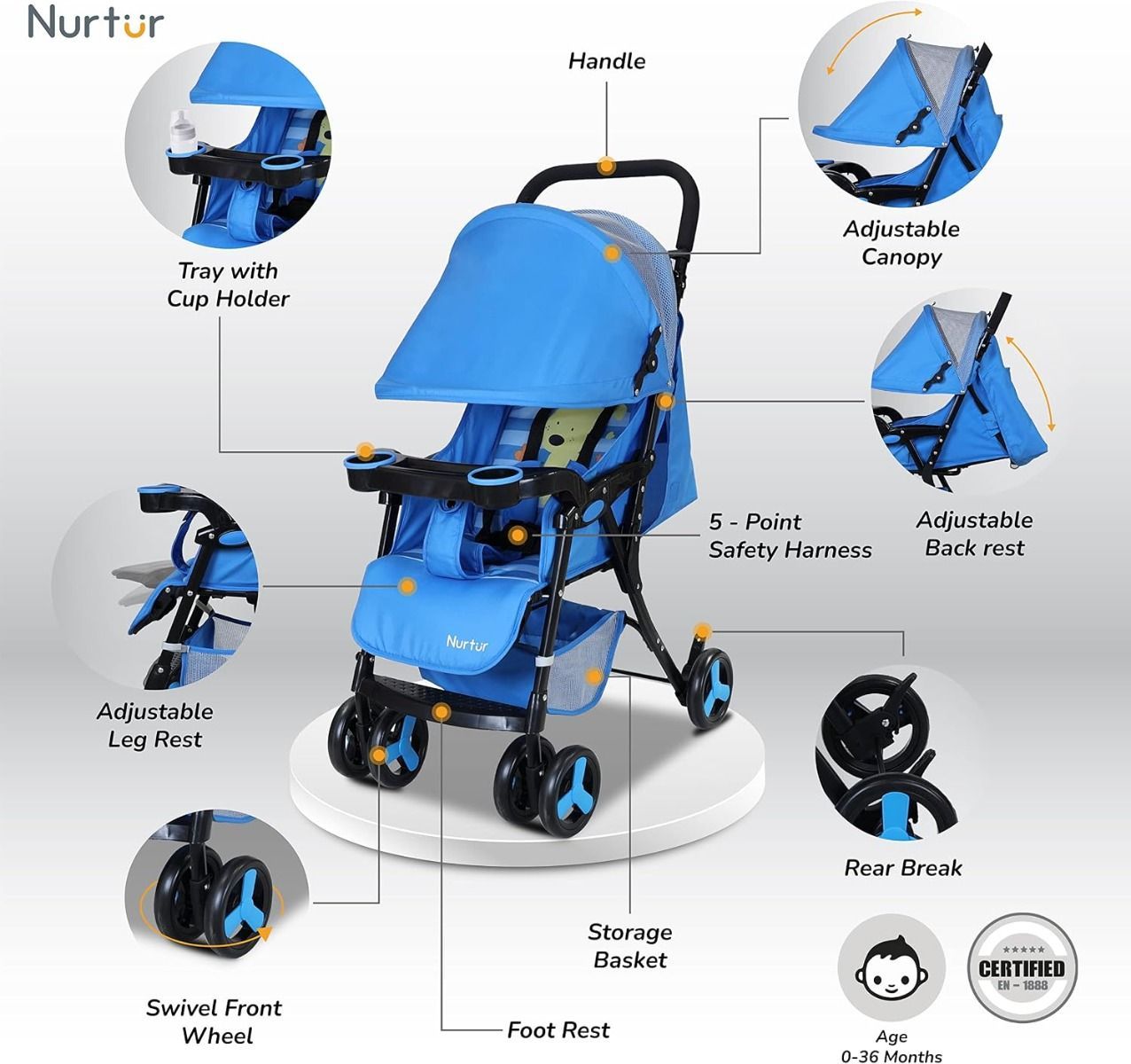 Nurtur Ryder Ultra Compact Lightweight Baby Travel Stroller, Reclining Seat with Food Tray, 0-36 Months, 5-Point | Multicolor
