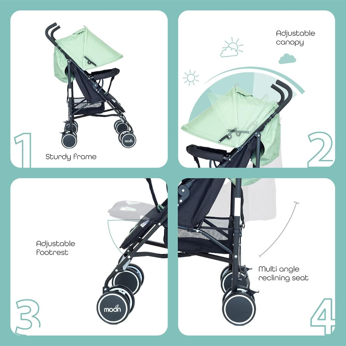 The Moon Brand Safari Dinosaur Umbrella Stroller Lightweight Compact Travel Baby Stroller Up to 15 kg, 0-36 Months, 5-Point Safety Harness, Umbrella Fold