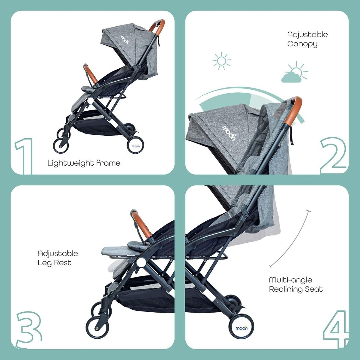 The Moon Brand Ritzi Cabin Stroller, Ultra Lightweight Travel Baby Pushchair Compact Fold Birth to 3 Years, 5-Point Safety Harness | Black and Grey 