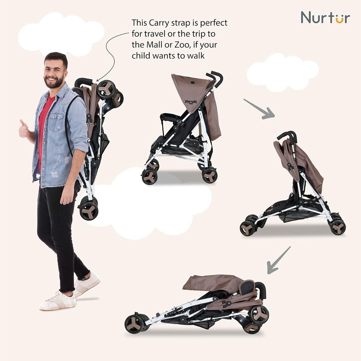 Nurtur Luca Lightweight Stroller for Baby & Kids, Compact Folding with Shoulder Strap, 5-Point, 26 lbs | Brown
