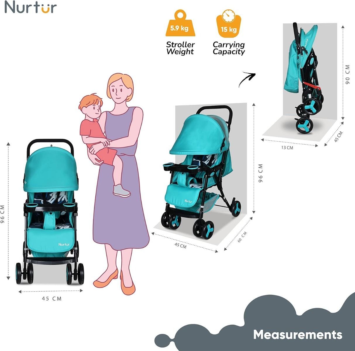 Nurtur Ryder Ultra Compact Lightweight Baby Stroller, Portable Travel Stroller,  0-36 Months |Teal