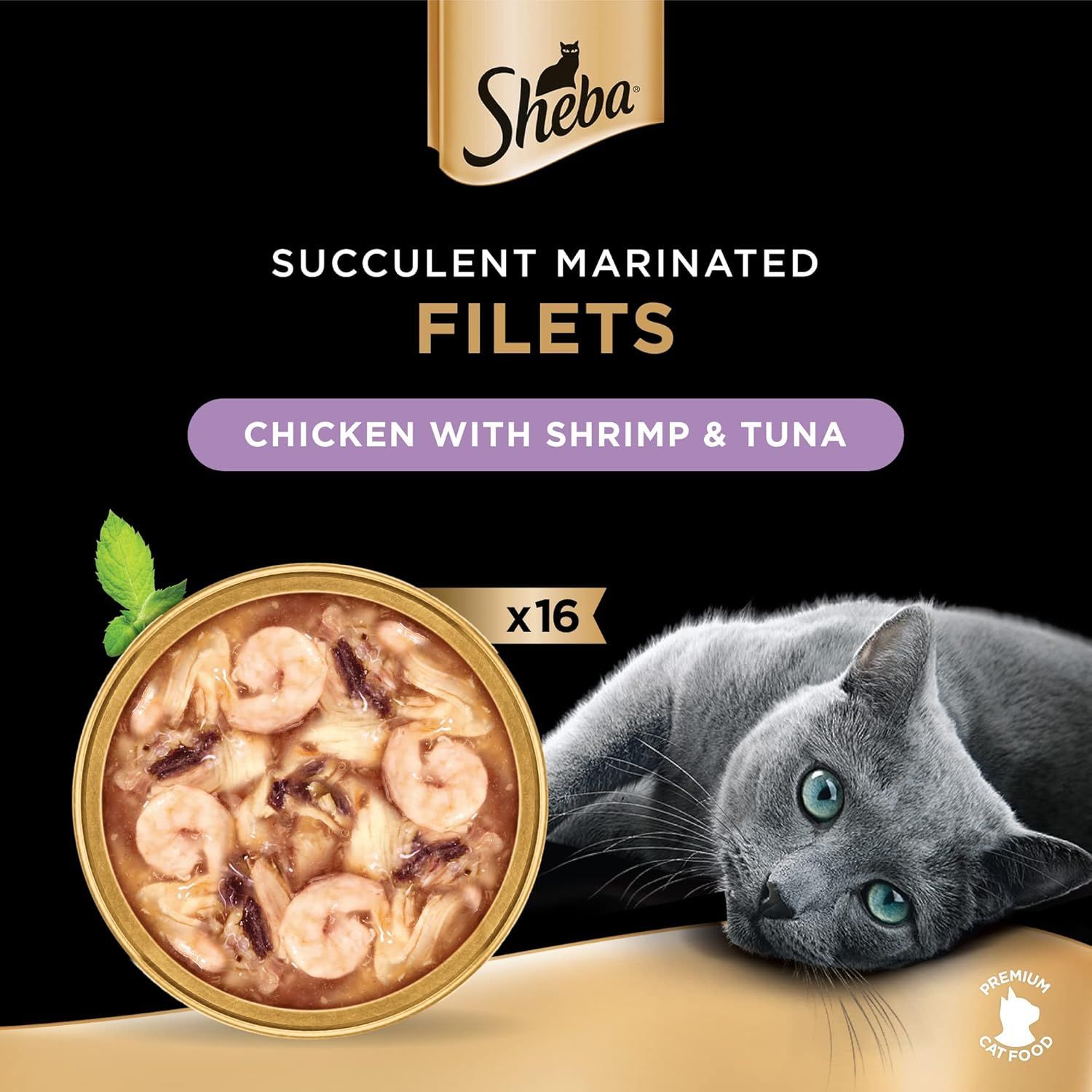 Sheba Cat Food with Chicken, Shrimp & Tuna - Nutrient-Rich 16x60g Packs